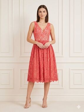 Eliza J Coral Lace V-Neck Midi Dress